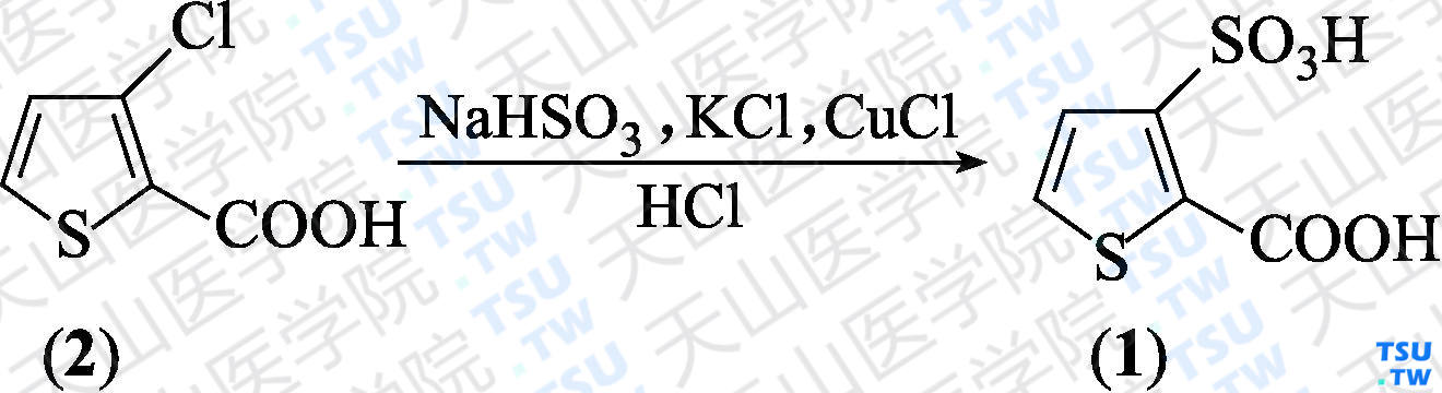3-磺酸基噻吩-2-甲酸（分子式：C<sub>5</sub>H<sub>4</sub>O<sub>5</sub>S<sub>2</sub>）的合成方法路线及其结构式