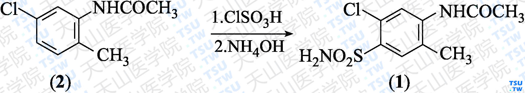 2-氯-5-甲基-4-乙酰氨基苯磺酰胺（分子式：C<sub>9</sub>H<sub>11</sub>ClN<sub>2</sub>O<sub>3</sub>S）的合成方法路线及其结构式