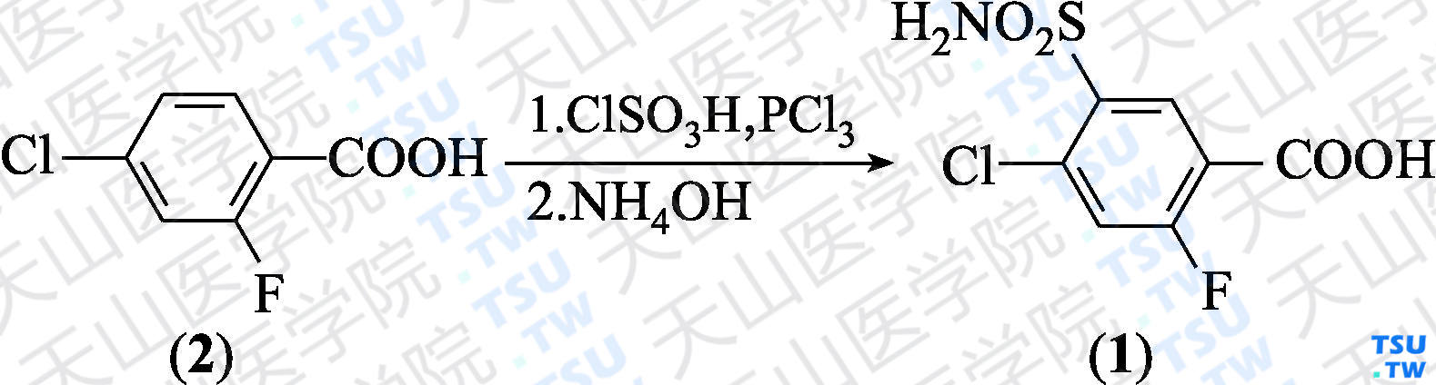 2-氟-4-氯-5-氨磺酰基苯甲酸（分子式：C<sub>7</sub>H<sub>5</sub>ClFNO<sub>4</sub>S）的合成方法路线及其结构式