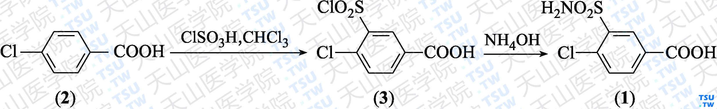4-氯-3-氨磺酰基苯甲酸（分子式：C<sub>7</sub>H<sub>6</sub>ClNO<sub>4</sub>S）的合成方法路线及其结构式