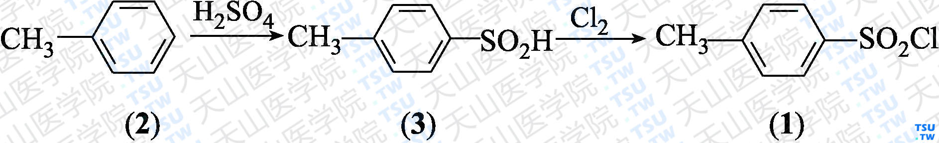 对甲苯磺酰氯（分子式：C<sub>7</sub>H<sub>7</sub>ClO<sub>2</sub>S）的合成方法路线及其结构式