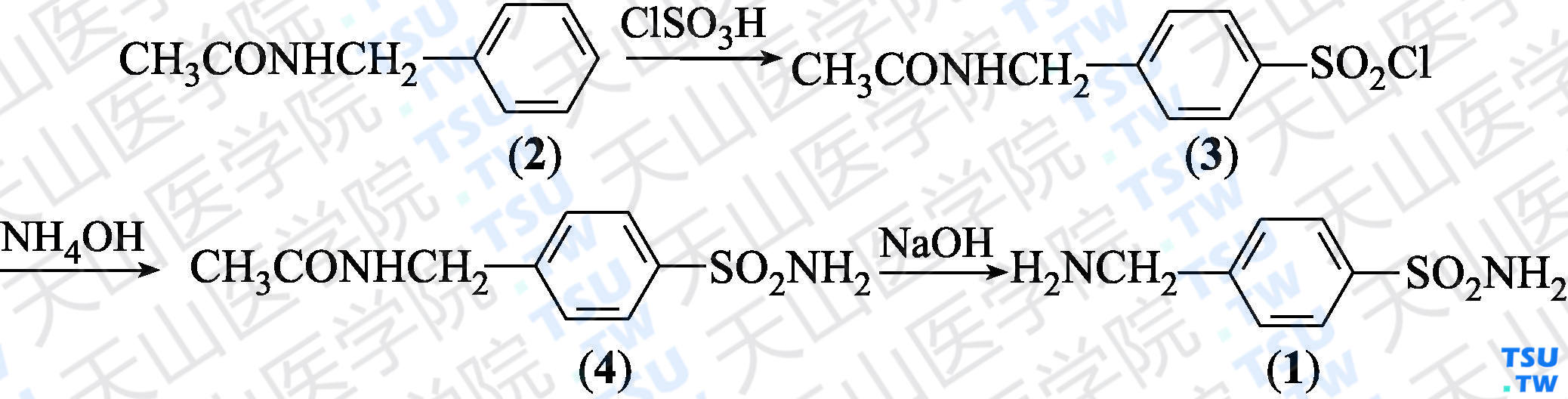 对氨甲基苯磺酰胺（分子式：C<sub>7</sub>H<sub>10</sub>N<sub>2</sub>O<sub>2</sub>S）的合成方法路线及其结构式