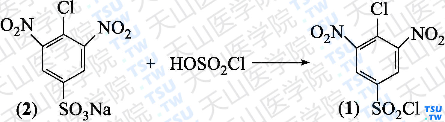 3，5-二硝基-4-氯苯磺酰氯（分子式：C<sub>6</sub>H<sub>2</sub>Cl<sub>2</sub>N<sub>2</sub>O<sub>6</sub>S）的合成方法路线及其结构式