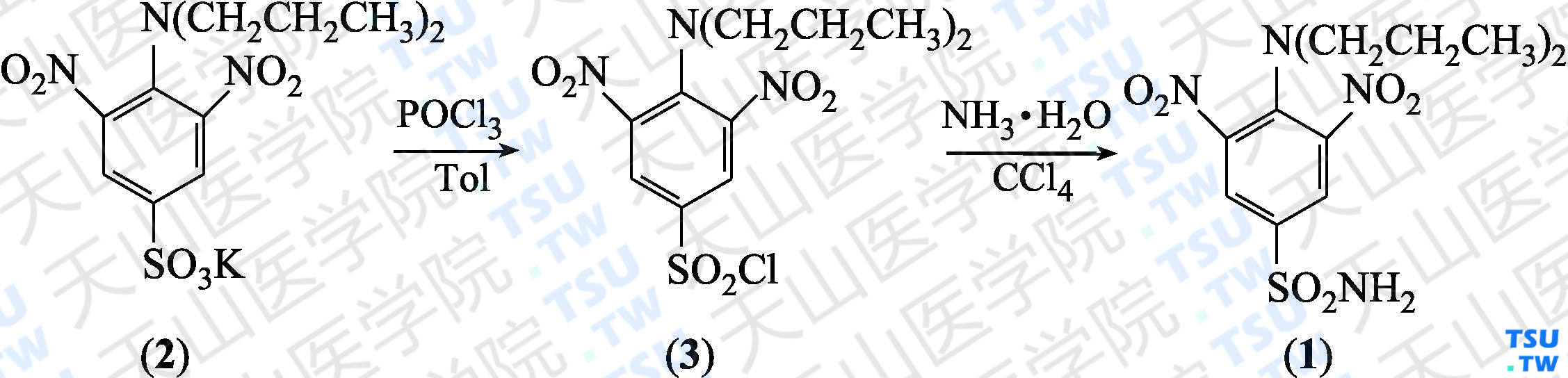 安磺灵（分子式：C<sub>12</sub>H<sub>18</sub>N<sub>4</sub>O<sub>6</sub>S）的合成方法路线及其结构式