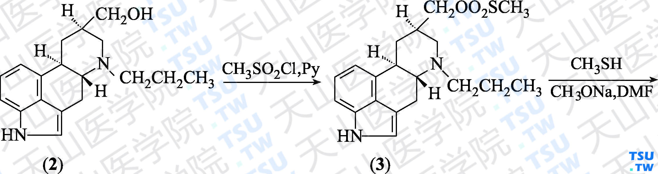 甲磺酸培高利特（分子式：C<sub>19</sub>H<sub>26</sub>N<sub>2</sub>S·CH<sub>3</sub>SO<sub>3</sub>H）的合成方法路线及其结构式