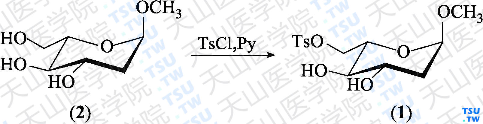 4-甲基苯磺酸[（3<i>R</i>，4<i>S</i>，6<i>S</i>）-3，4-二羟基-6-甲氧基-四氢-2<i>H</i>-吡喃-2-基]甲基酯（分子式：C<sub>14</sub>H<sub>20</sub>O<sub>7</sub>S）的合成方法路线及其结构式