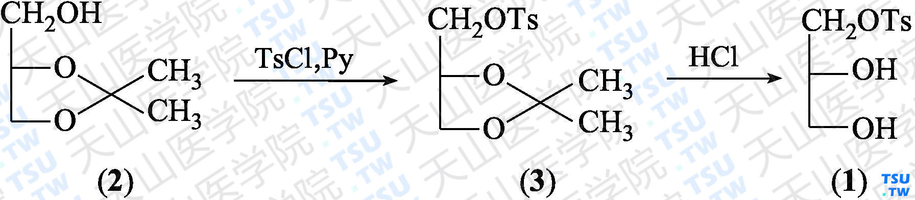 （<i>R</i>）-对甲基苯磺酸-1-甘油酯（分子式：C<sub>10</sub>H<sub>14</sub>O<sub>5</sub>S）的合成方法路线及其结构式