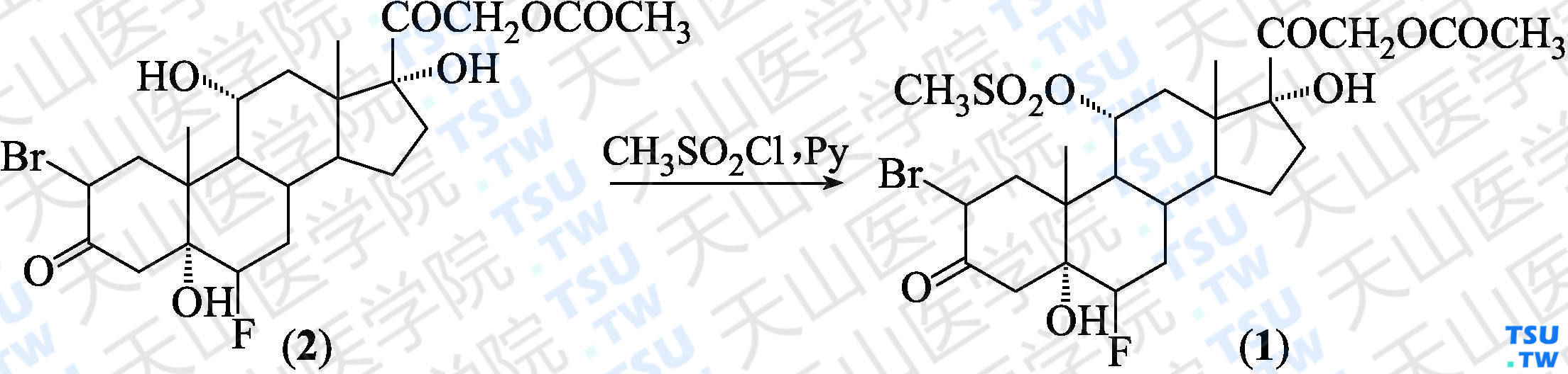 2-[（5<i>R</i>，11<i>R</i>，17<i>R</i>）-2-溴-6-氟-5，17-二羟基-10，13-二甲基-11-（甲磺酰氧基）-3-氧代-十六氢-1<i>H</i>-环戊[<i>d</i>]菲-17-基]-2-氧代乙基醋酸酯（分子式：C<sub>24</sub>H<sub>34</sub>BrFO<sub>9</sub>S）的合成方法路线及其结构式