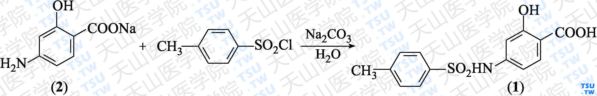 4-（甲苯磺酰氨基）水杨酸（分子式：C<sub>14</sub>H<sub>13</sub>NO<sub>5</sub>S）的合成方法路线及其结构式