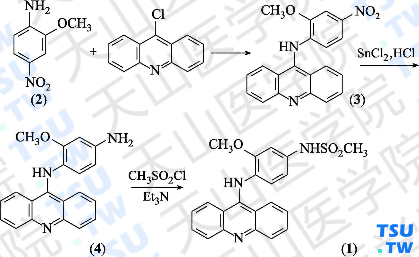 安吖啶（分子式：C<sub>22</sub>H<sub>20</sub>N<sub>2</sub>O<sub>3</sub>S）的合成方法路线及其结构式