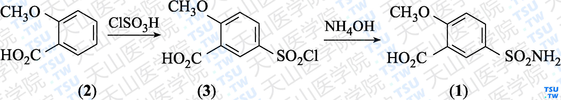 2-甲氧基-5-氨磺酰基苯甲酸（分子式：C<sub>8</sub>H<sub>9</sub>NO<sub>5</sub>S）的合成方法路线及其结构式