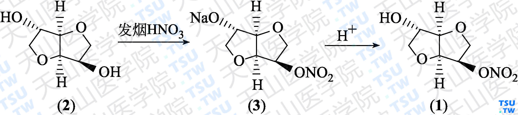 5-单硝酸异山梨醇酯（分子式：C<sub>6</sub>H<sub>9</sub>NO<sub>6</sub>）的合成方法路线及其结构式