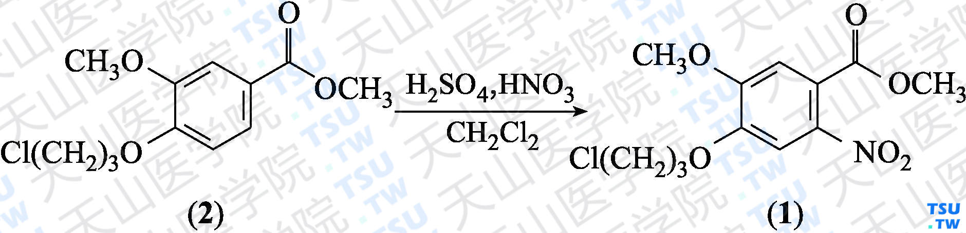 4-（3-氯丙氧基）-5-甲氧基-2-硝基苯甲酸甲酯（分子式：C<sub>12</sub>H<sub>14</sub>Cl NO<sub>6</sub>）的合成方法路线及其结构式