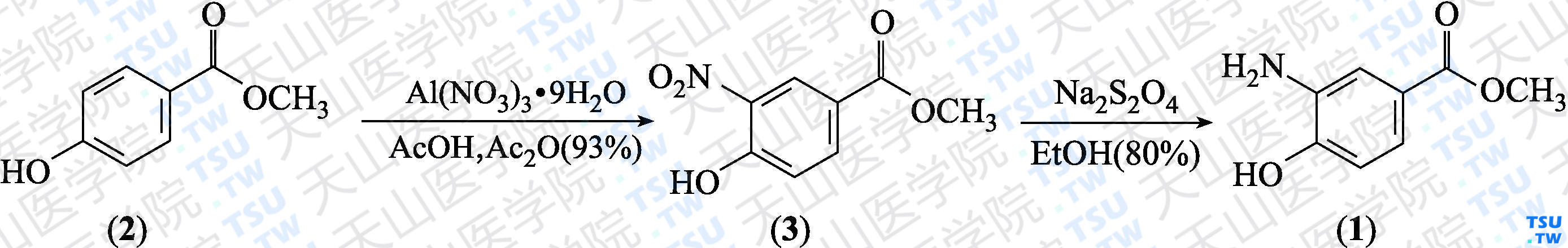 3-氨基-4-羟基苯甲酸甲酯（分子式：C<sub>8</sub>H<sub>9</sub>NO<sub>3</sub>）的合成方法路线及其结构式