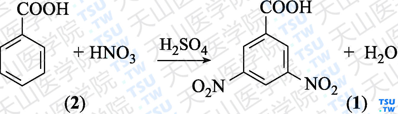 3，5-二硝基苯甲酸（分子式：C<sub>7</sub>H<sub>4</sub>N<sub>2</sub>O<sub>6</sub>）的合成方法路线及其结构式