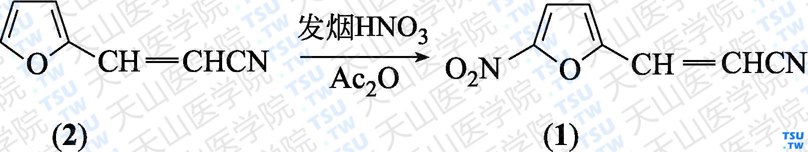 3-（5-硝基-2-呋喃基）丙烯腈（分子式：C<sub>7</sub>H<sub>4</sub>N<sub>2</sub>O<sub>3</sub>）的合成方法路线及其结构式