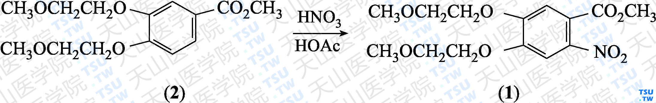 4，5-二-（2-甲氧乙氧基）-2-硝基苯甲酸甲酯（分子式：C<sub>14</sub>H<sub>19</sub>NO<sub>8</sub>）的合成方法路线及其结构式