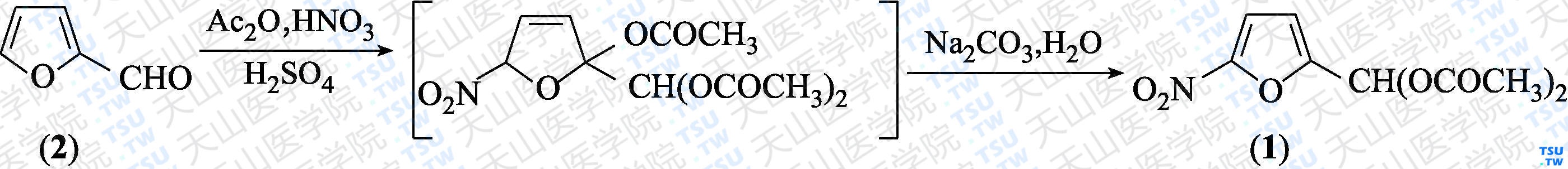 5-硝基-2-糠醛二醋酸酯（分子式：C<sub>9</sub>H<sub>9</sub>NO<sub>7</sub>）的合成方法路线及其结构式