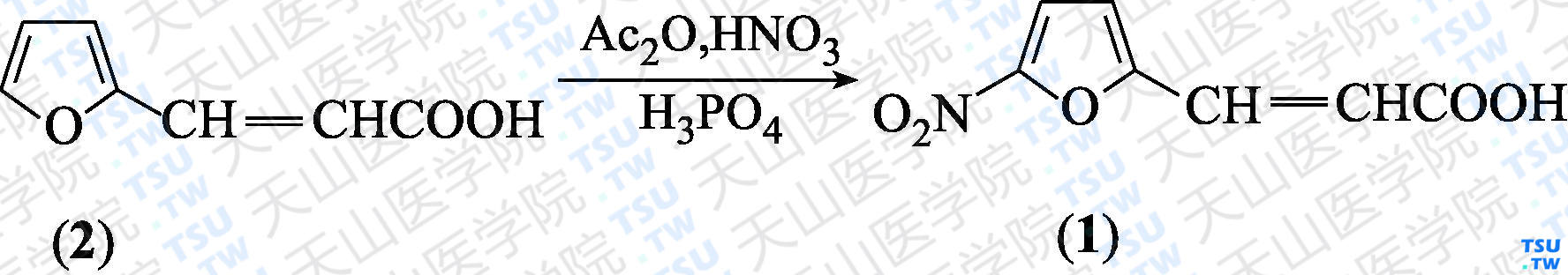 3-（5-硝基呋喃-2-基）丙烯酸（分子式：C<sub>7</sub>H<sub>5</sub>NO<sub>5</sub>）的合成方法路线及其结构式