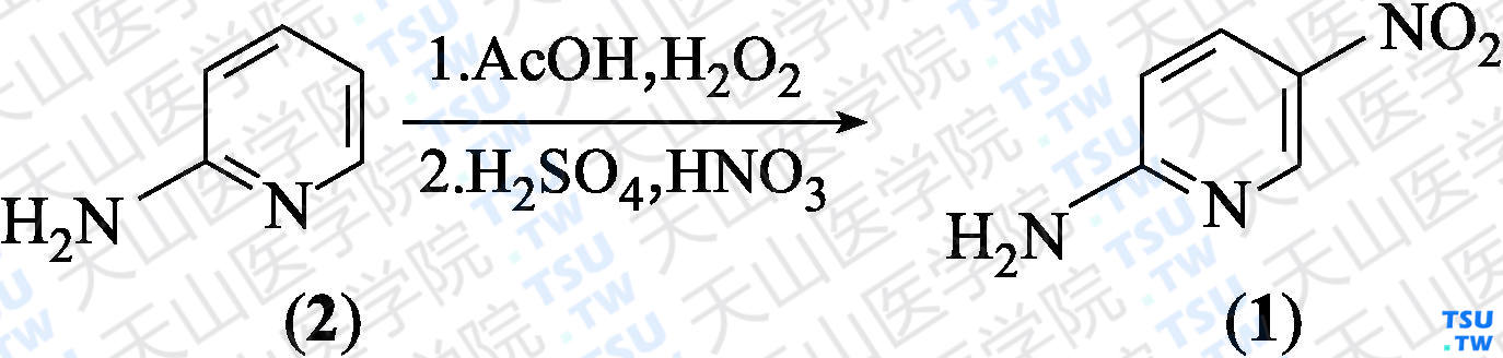 2-氨基-5-硝基吡啶（分子式：C<sub>5</sub>H<sub>5</sub>N<sub>3</sub>O<sub>2</sub>）的合成方法路线及其结构式