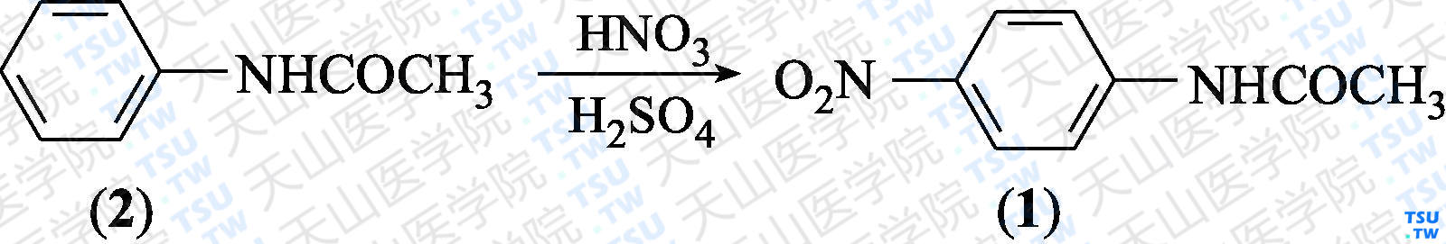 对硝基乙酰苯胺（分子式：C<sub>8</sub>H<sub>8</sub>N<sub>2</sub>O<sub>3</sub>）的合成方法路线及其结构式
