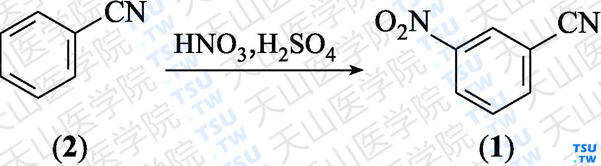 间硝基苯甲腈（分子式：C<sub>7</sub>H<sub>4</sub>N<sub>2</sub>O<sub>2</sub>）的合成方法路线及其结构式