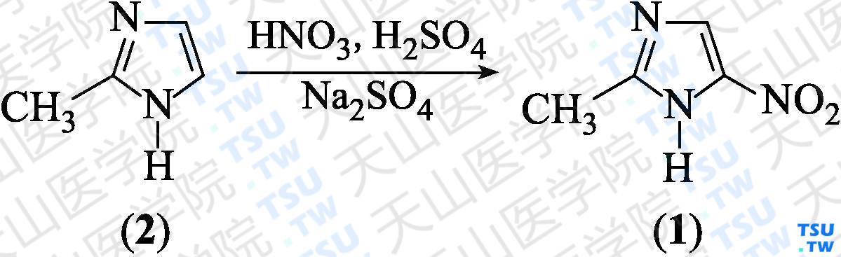 2-甲基-5-硝基咪唑（分子式：C<sub>4</sub>H<sub>5</sub>N<sub>3</sub>O<sub>2</sub>）的合成方法路线及其结构式