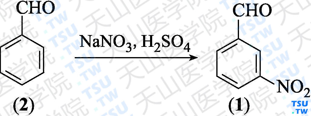间硝基苯甲醛（分子式：C<sub>7</sub>H<sub>5</sub>NO<sub>3</sub>）的合成方法路线及其结构式