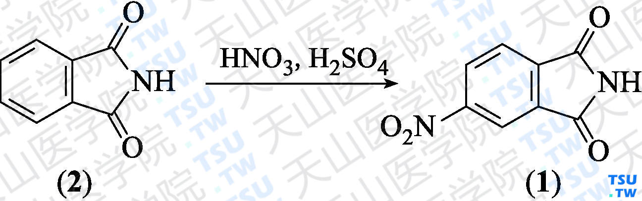 4-硝基邻苯二甲酰亚胺（分子式：C<sub>8</sub>H<sub>4</sub>N<sub>2</sub>O<sub>4</sub>）的合成方法路线及其结构式