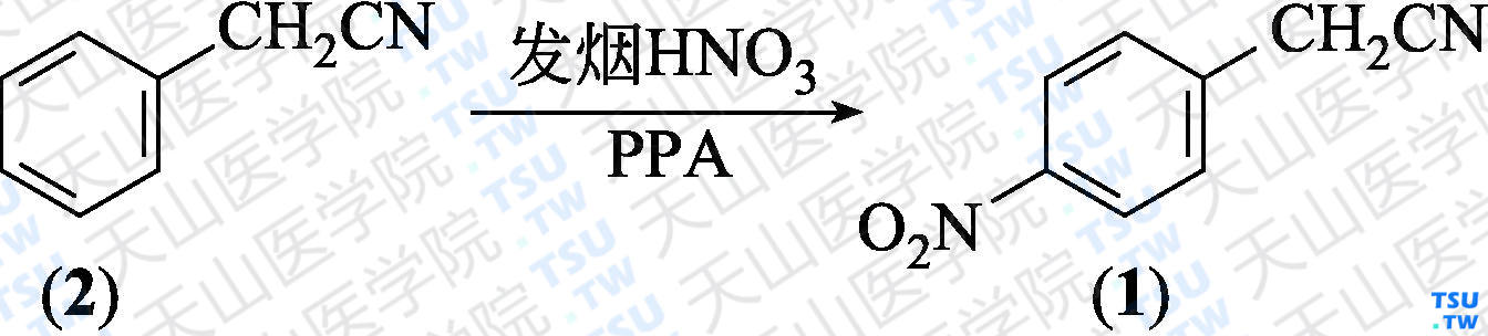 4-硝基苯乙腈（分子式：C<sub>8</sub>H<sub>6</sub>N<sub>2</sub>O<sub>2</sub>）的合成方法路线及其结构式