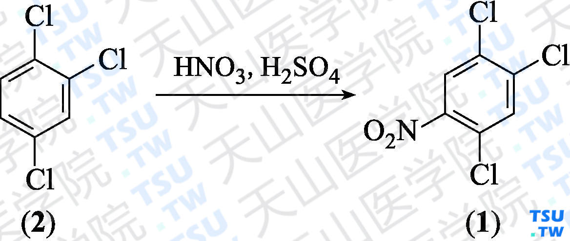 2，4，5-三氯硝基苯（分子式：C<sub>6</sub>H<sub>2</sub>Cl<sub>3</sub>NO<sub>2</sub>）的合成方法路线及其结构式