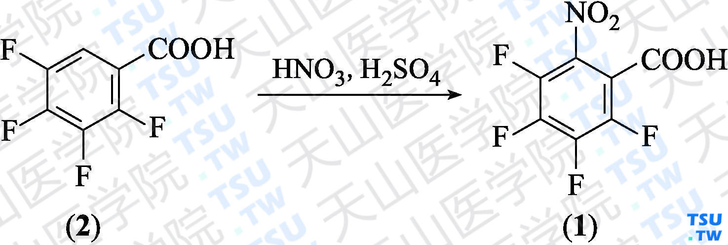 2，3，4，5-四氟-6-硝基苯甲酸（分子式：C<sub>7</sub>HF<sub>4</sub>NO<sub>4</sub>）的合成方法路线及其结构式