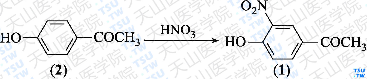 4-羟基-3-硝基苯乙酮（分子式：C<sub>8</sub>H<sub>7</sub>NO<sub>4</sub>）的合成方法路线及其结构式