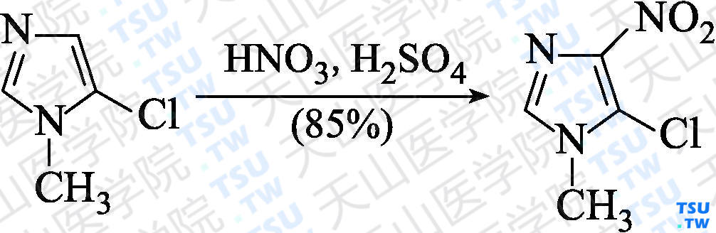 1-甲基-4-硝基-5-氯-1<i>H</i>-咪唑（分子式：C<sub>4</sub>H<sub>4</sub>ClN<sub>3</sub>O<sub>2</sub>）的合成方法路线及其结构式