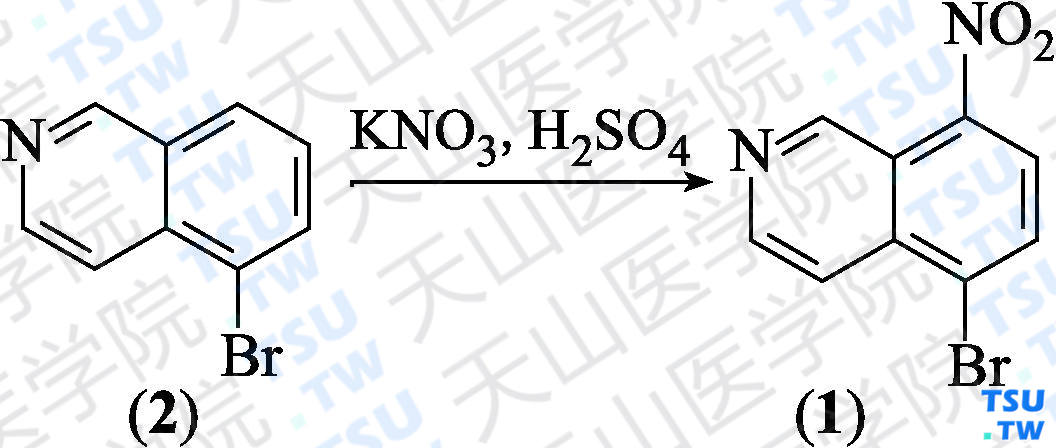 5-溴-8-硝基异喹啉（分子式：C<sub>9</sub>H<sub>5</sub>BrN<sub>2</sub>O<sub>2</sub>）的合成方法路线及其结构式
