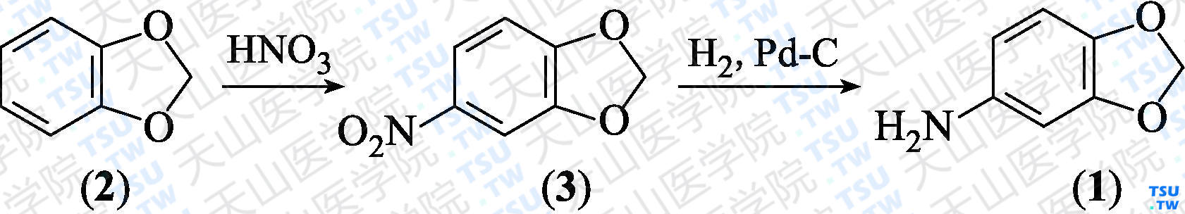 3，4-亚甲二氧基苯胺（分子式：C<sub>7</sub>H<sub>7</sub>NO<sub>2</sub>）的合成方法路线及其结构式