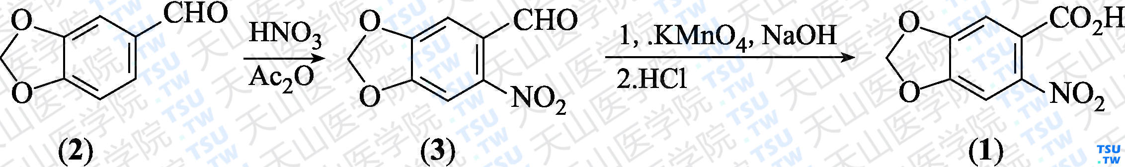 6-硝基胡椒酸（分子式：C<sub>8</sub>H<sub>5</sub>NO<sub>6</sub>）的合成方法路线及其结构式