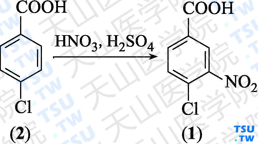 4-氯-3-硝基苯甲酸（分子式：C<sub>7</sub>H<sub>4</sub>ClNO<sub>4</sub>）的合成方法路线及其结构式