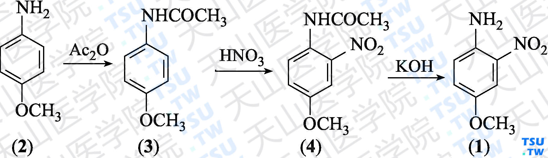 4-甲氧基-2-硝基苯胺（分子式：C<sub>7</sub>H<sub>8</sub>N<sub>2</sub>O<sub>3</sub>）的合成方法路线及其结构式