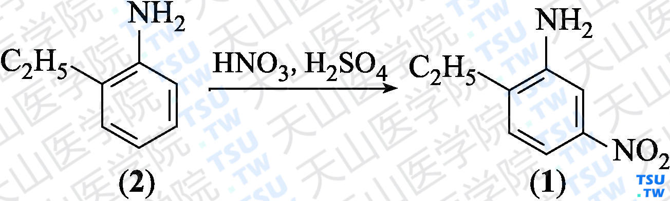 2-乙基-5-硝基苯胺（分子式：C<sub>8</sub>H<sub>10</sub>N<sub>2</sub>O<sub>2</sub>）的合成方法路线及其结构式