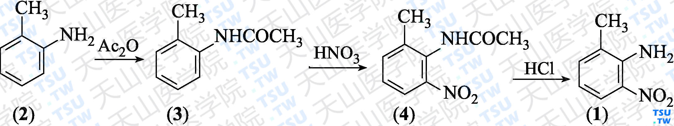 6-硝基邻甲苯胺（分子式：C<sub>7</sub>H<sub>8</sub>N<sub>2</sub>O<sub>2</sub>）的合成方法路线及其结构式