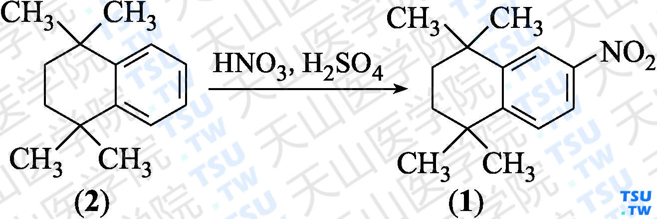 1，2，3，4-四氢-1，1，4，4-四甲基-6-硝基萘（分子式：C<sub>14</sub>H<sub>19</sub>NO<sub>2</sub>）的合成方法路线及其结构式