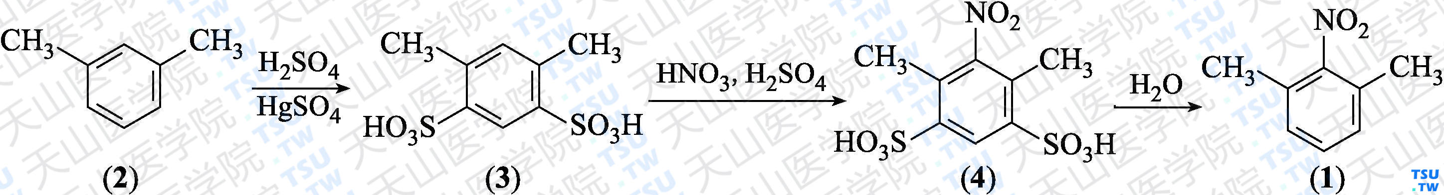 2，6-二甲基硝基苯（分子式：C<sub>8</sub>H<sub>9</sub>NO<sub>2</sub>）的合成方法路线及其结构式