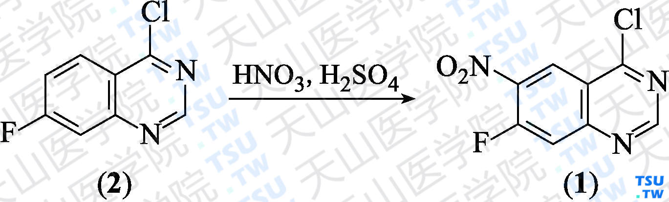 4-氯-7-氟-6-硝基喹唑啉（分子式：C<sub>8</sub>H<sub>3</sub>ClFN<sub>3</sub>O<sub>2</sub>）的合成方法路线及其结构式