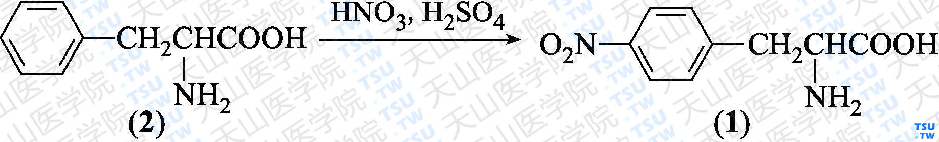 L-4-硝基苯丙氨酸（分子式：C<sub>9</sub>H<sub>10</sub>N<sub>2</sub>O<sub>4</sub>）的合成方法路线及其结构式