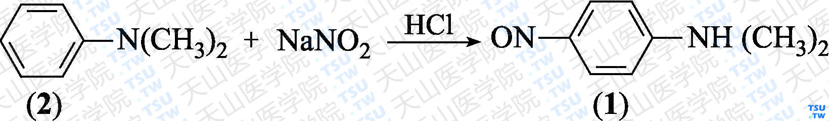 对亚硝基-<i>N</i>，<i>N</i>-二甲苯胺（分子式：C<sub>8</sub>H<sub>10</sub>N<sub>2</sub>O）的合成方法路线及其结构式