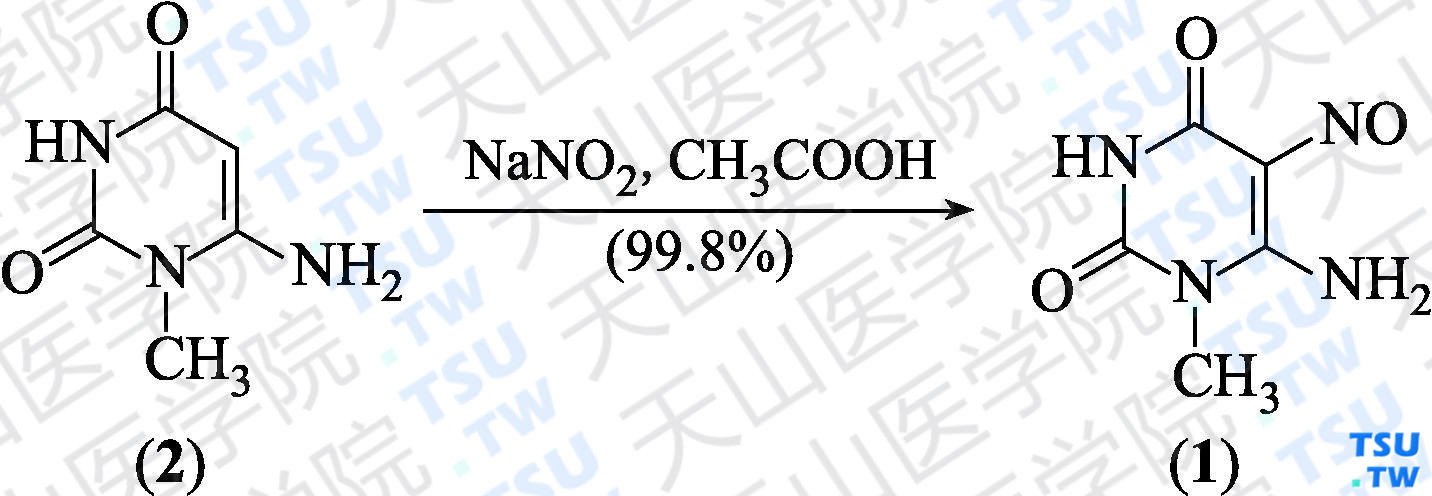 6-氨基-5-亚硝基-1-甲基尿嘧啶（分子式：C<sub>5</sub>H<sub>6</sub>N<sub>4</sub>O<sub>3</sub>）的合成方法路线及其结构式