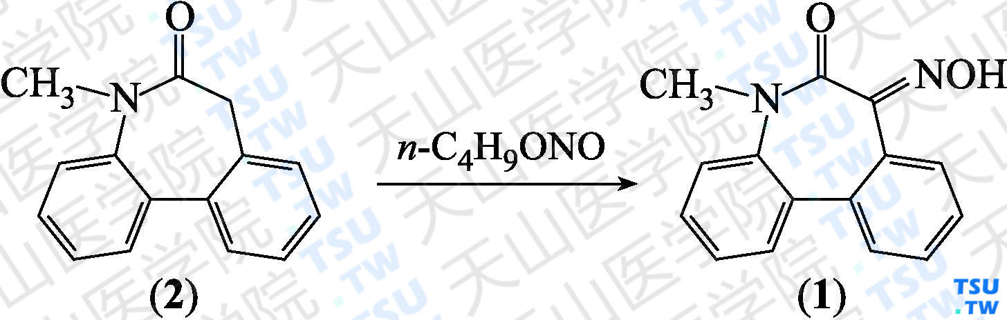 5-甲基-5<i>H</i>-二苯并[<i>b</i>，<i>d</i>]氮杂环庚-6，7-二酮-7-肟（分子式：C<sub>15</sub>H<sub>12</sub>N<sub>2</sub>O<sub>2</sub>）的合成方法路线及其结构式