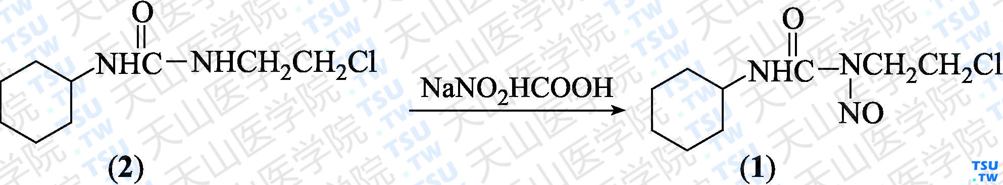 <i>N</i>-（2-氯乙基）-<i>N</i>'-环己基-<i>N</i>-亚硝基脲（分子式：C<sub>9</sub>H<sub>16</sub>ClN<sub>3</sub>O<sub>2</sub>）的合成方法路线及其结构式