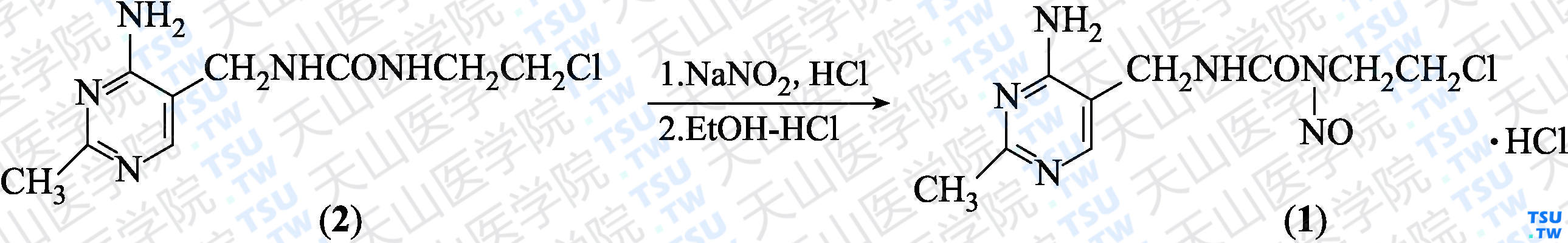 盐酸尼莫司汀（分子式：C<sub>9</sub>H<sub>13</sub>ClN<sub>6</sub>O<sub>2</sub>·HCl）的合成方法路线及其结构式